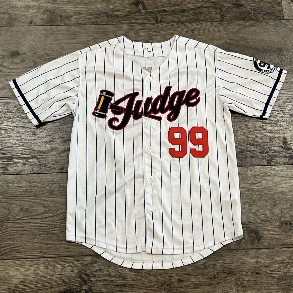White Blue Pinstripe Aaron Judge #99 Hammer of Judge Jersey New York Youth Large